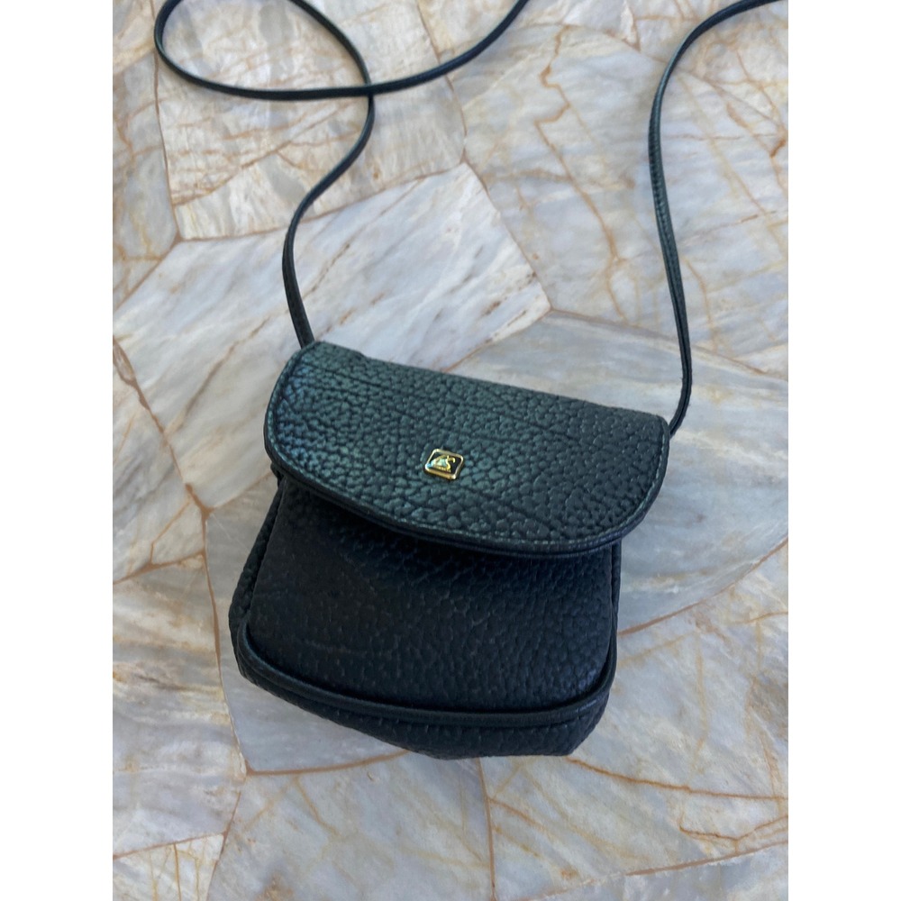 LS Vintage Black Pebbled Leather Mini Crossbody Bag Gold Hardware Micro Purse